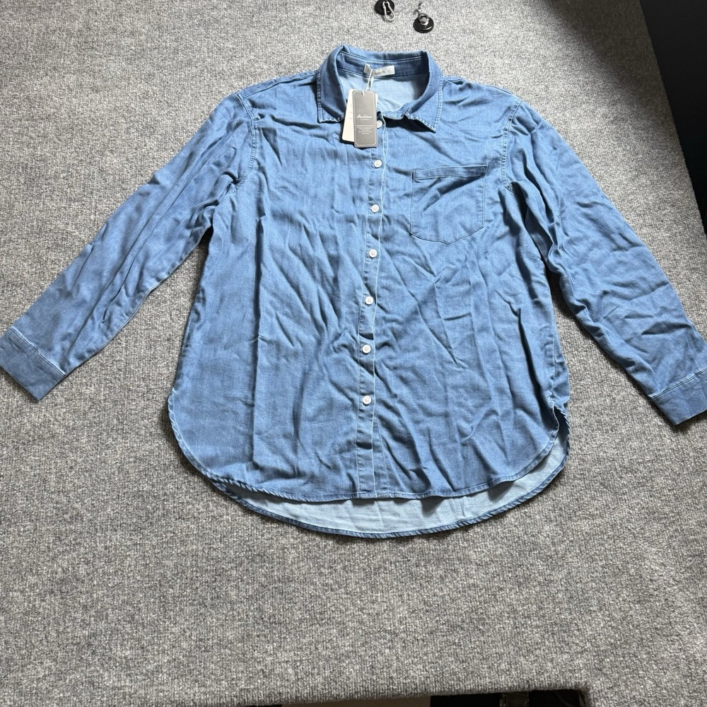 Women Denim‎ Chambray Button Down Shirt Long Sleeve Blouse Pocket Shacket Sz L